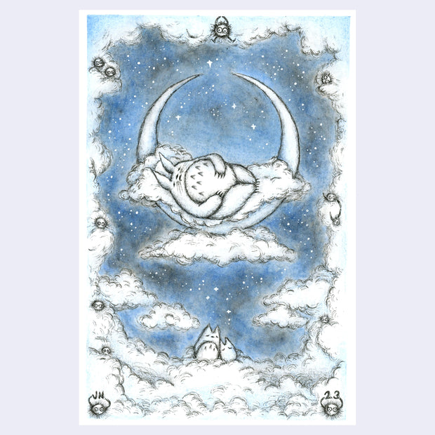 Illustration done in mostly blue and grey tones of a sleeping Totoro, resting on a bed of clouds atop a crescent moon. It floats in the night sky with many clouds framing the scene. 