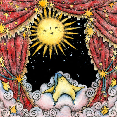 Illustration of a yellow star with a small tired face, laying on a cloud and wearing a blue nightcap. Around it are red drapes, decorated with stars and circles. Above the star is a bright sun, with a small tired face as well. 