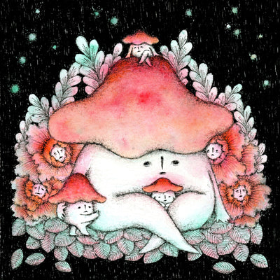 Illustration of a large mushroom creature with a small, solemn face, sitting on the ground surrounded by small mushroom children. They sit on a seat made out of leaves and flowers with faces. Background is black with green starry dots.