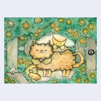 Ink and watercolor illustration in a green and yellow color palette. A fluffy cloud cat stands in the middle of a lush forest with a crescent moon character resting atop its back. Stars light up the foliage around them.