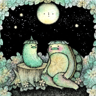 Watercolor and ink illustration of a kappa, a turtle like creature with a beak and leaves around its head. It sits on the ground and faces a cucumber, with the same face, which is positioned on a stump. They are under a full moon in the night sky.