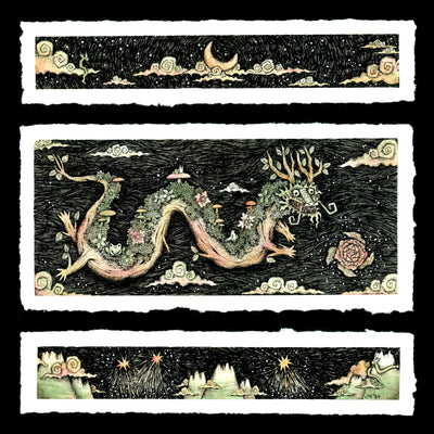 Triptych on 3 sheets of paper. The middle and largest consists of an illustration of a wooden dragon, with greenery growing atop its back as it flies through clouded sky. Other piece of triptych display clouds or mountains.