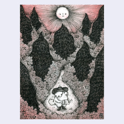 Illustration of a small fluffy dog standing up and holding a watering kettle. It stands at the base of a large forest, with a sun shining overhead. Piece is mostly greyscale with some muted pink accent coloring.