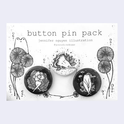 Set of 3 buttons with nature motifs, illustrations include: a flower with arms and legs, a lounging mushroom and a shy frog.