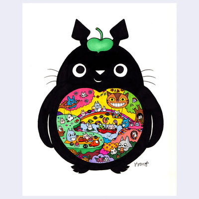 Marker illustration of a silhouette style Totoro, standing with a very colorful scene contained within its stomach. Scene is of many chibi Totoros in a rainbow setting with many trees and a lake. 