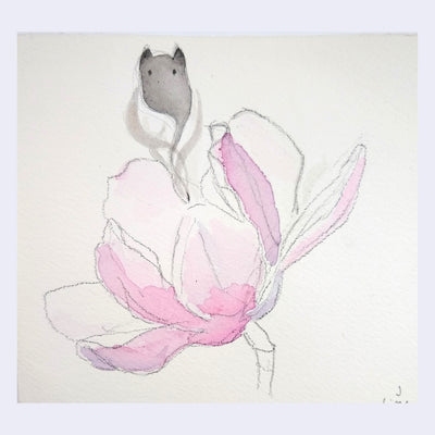 Watercolor painting of a pink flower with a small black ghost floating out of it.