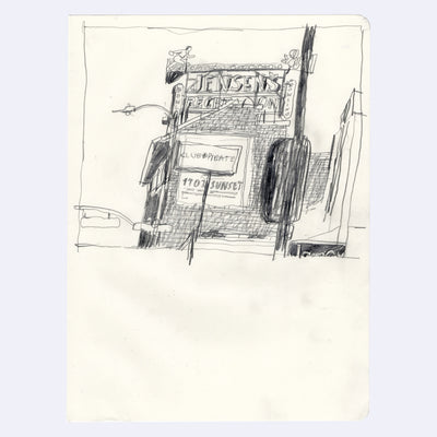 Stylistically messy graphite drawing of an old looking building with large signage that reads "Jensen's Recreation" with a light up graphic of someone bowling above it. Scene is obscured by the back of a stoplight and advertisements for "Club Pilates"