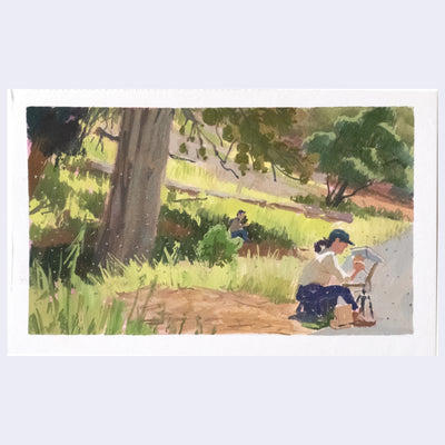 Plein air painting of a forested roadside, with grass and several trees. 2 people sit on stools and paint outdoors.