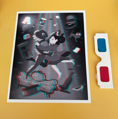 Pair of 3D glasses next to a mostly greyscale illustration of a girl and a fish man, dancing under water with many furniture items floating around them.