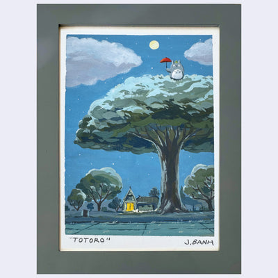 Painting of a scene from My Neighbor Totoro, of a nighttime farm setting with a large tree. Totoro sits up top with a red umbrella, under the moon. Piece is in thick greyish green frame.