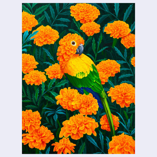 Painting of a bright colored parakeet like bird, with its head fluffy like a marigold. Matching orange flowers are all around it, providing a kind of camoflauge/