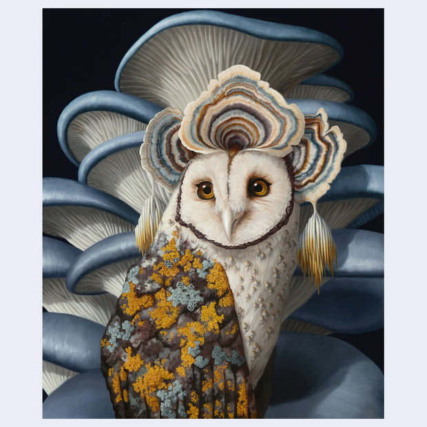 Highly rendered illustration of an owl, with mushrooms growing out of its head and in the background. Its wing is cover in moss.
