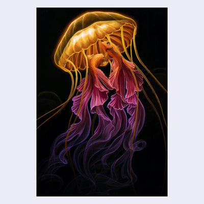Illustration of a golden jellyfish, with 2 long tailed orange and purple fish swimming together under it.