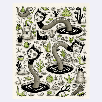 Pattern style illustration on cream paper of several cat head serpent creatures popping out of black holes from the ground. Around them are various fantasy trope objects, such as potions, herbs, crystals, keys and notes.