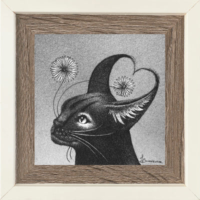 Highly rendered graphite drawing done with much stippling of a Caracal, with its ears meeting together to form a heart. It looks up and smiles at some flowers it holds in its mouth. 