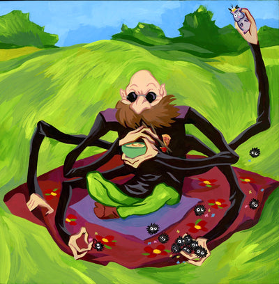 Painting of Kamaji, the old man with 6 arms from Spirited Away. He sits on a picnic blanket in a green lush meadow with small soot sprites in his hands.