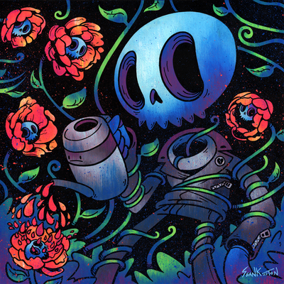 Colorful painting on black background of a blue cartoon style skeleton with a floating head using a watering can on nearby orange flower with a skull as the center. The skeleton's body is tugged at by vines, which lead to other flowers of the same kind.