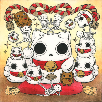Ink and watercolor illustration of many round, white Maneki cats, with red scarfs and golden bells. Around them are cartoon skeletons, holding up a decorative rope and small robots.