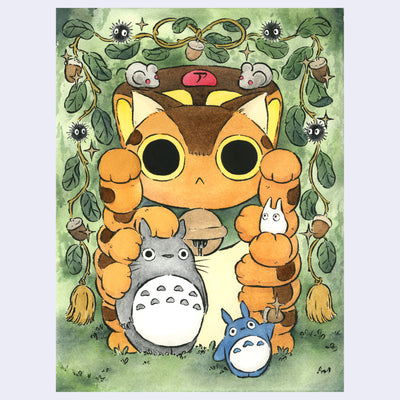 Watercolor painting of a cute Catbus, from My Neighbor Totoro, standing on its hind legs with many legs. It paw rests atop Totoro's head, with small chibi Totoro around the scene. Around are green leaves and acorns.