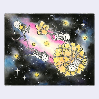 Watercolor painting of a space setting, with watercolor nebulas and a collection of yellow stars, all tied together by rope. Holding on, is a cartoon skeleton with other skeletons interacting with the scene nearby.