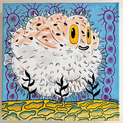 Painting on canvas of a large brown and white pufferfish, with yellow cartoon eyes and bandaids on its body. Its body is fully puffed and its atop of yellow and green flooring and purple wiggly plants.