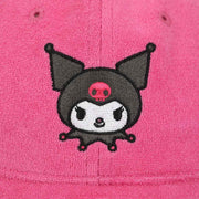 Pink terry cloth fabric hat with an embroidered graphic of Kuromi's head in the center. Close up of embroidery.
