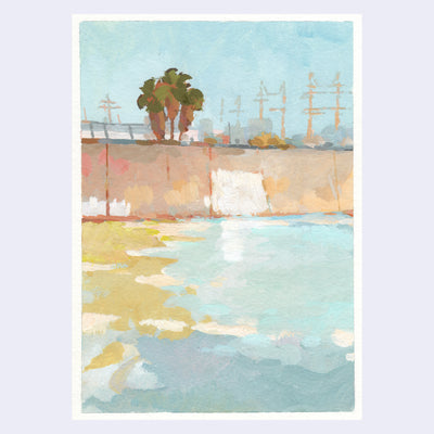 Plein air painting of the LA River, with a large concrete wall and shallow water. Palm trees and power towers line the background.