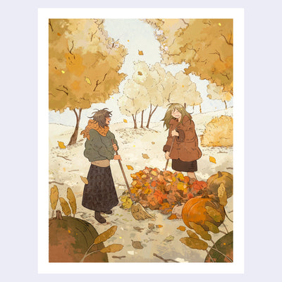 Illustration of an autumn scene of 2 girls dressed in warm brown tones raking a pile of leaves with brooms.