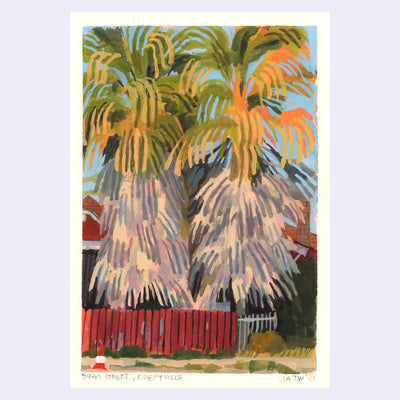 Plein air painting of 2 large palm trees with thick fronds. A red gate fences them in next to a dirt path.