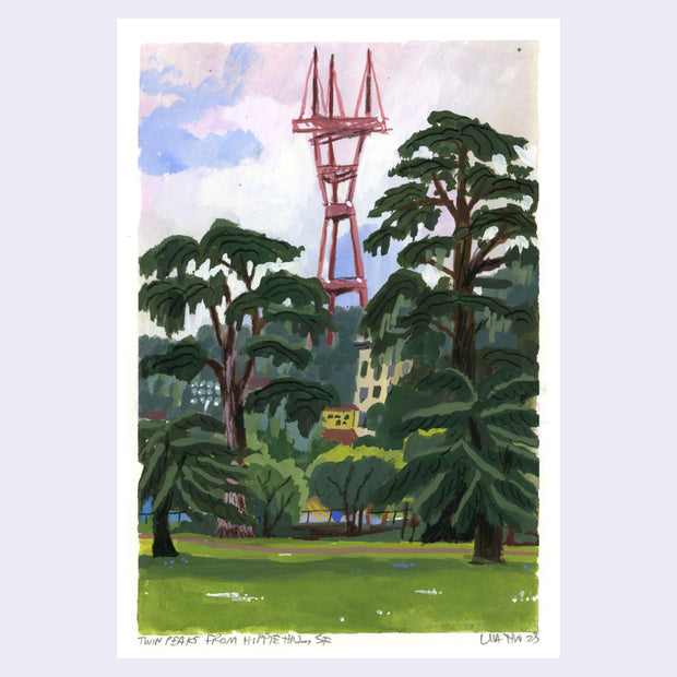 Plein air painting of a large red tower seen from behind a park with tall trees and a grassy lawn.