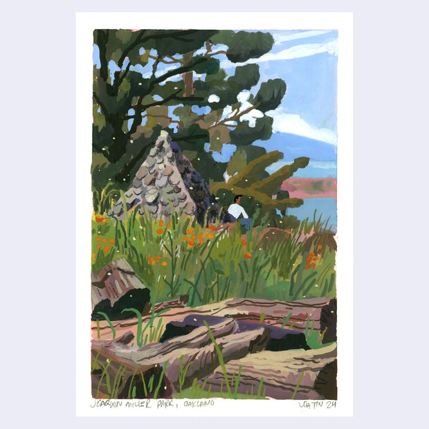Plein air painting of a grassy lawn with logs in the foreground and tall trees in the background. A person sits in the field next to a stone pyramid.