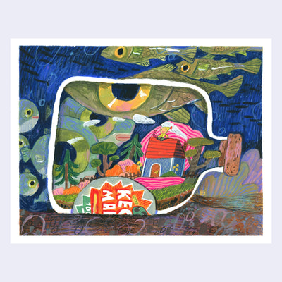 Illustration of a glass bottle laying on its side underwater. A small character sits on a house with trees around it inside the bottle. Large fish swim in the ocean background.