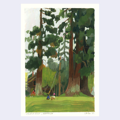 Plein air painting of very tall redwood trees and 3 people sitting on a grass lawn, very small in comparison to the trees.