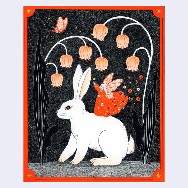 Black ink drawing with orange accent coloring of a large white rabbit, sitting between 2 even larger Lily of the Valley blossoms. Atop its back is a fairy in a bright orange dress, with flowers floating off of it. The piece is framed by a simple orange border.