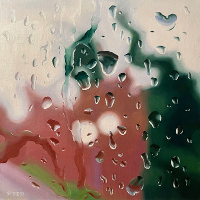 Painting of a raindrop dotted window, with the background scene blurred due to respective. Some rain streaks down the surface.