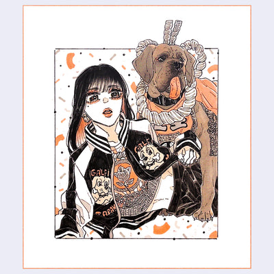 Ink drawing of a girl with large eyes wearing a jacket with dog iconography on it and a floral shirt. Behind her is a large dog with an ornate rope tied around its neck and its tongue out.