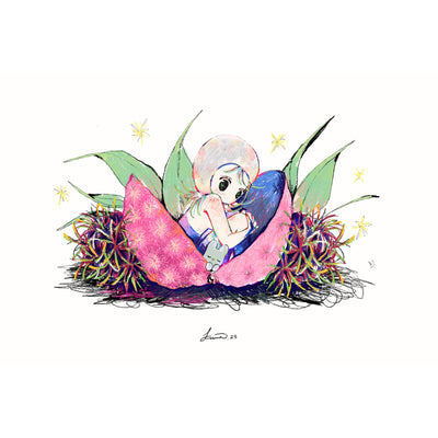 Illustration of a girl crouched and hugging her knees in a split litchi, big enough to hold her. 