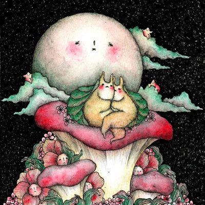 Illustration of 2 slugs on a mushroom with a large moon looming in the background.