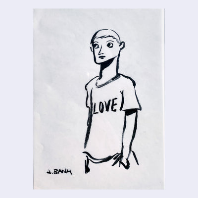 Ink sketch of a guy wearing a shirt that says "Love" in all caps.
