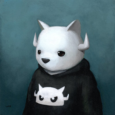Smoothly rendered painting of a white cartoon bear, with a solemn expression on its mouthless face. It has 2 upturned horns coming out the side of its head. It wears a black hoody with a Big Boss Robot head on it.