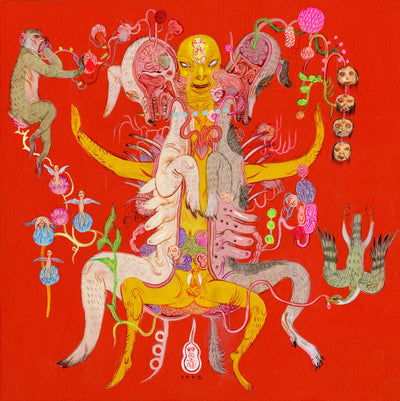 Painting on bright red panel of a creature who emerges from 2 dogs, split in half to reveal cross sections of their insides. The person extends its arms out and iconography of growth and rebirth surround it, such as flowers, angels, and animals.