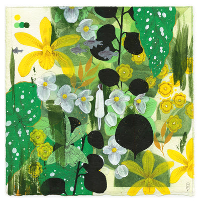 Collage style illustration using a palette of green, yellow and black. A tiny woman stand in the center, many large flowers and plants surrounding her. A few fish float overhead. Some of the flowers are drawn somewhat transparent, allowing what's behind them in the collage to show through.