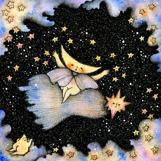 Print of a moon wearing a cape riding atop of a shooting star.