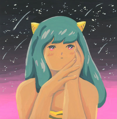 Stylized painting of Lum, from Urusei Yatsura, a tan girl with teal hair and 2 small yellow horns atop her head. She is seen only from the torso up, with her hands caressing her face and looking off into space. Background is a black to fuchsia night sky. 