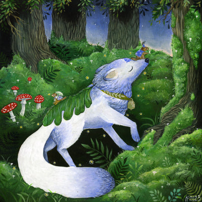 Illustrative painting of a lush, forest setting. A majestic looking wolf is in the center of the scene, with 2 small mice standing atop its back and nose. The mice are dressed up and one holds a tiny candle.