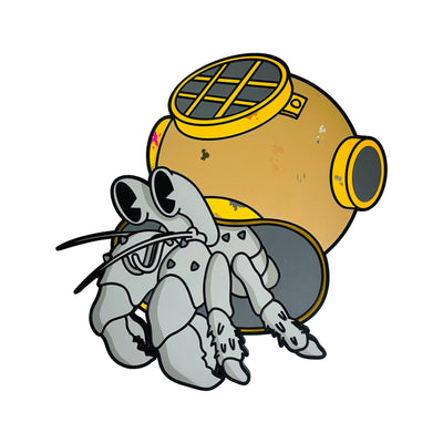 Die cut wooden painting of a hermit crab, gray with a scuba helmet as a shell.