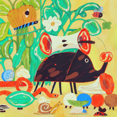Collage style illustration of a large stag beetle, with cherry on its horn and an apple core on its back. It marches alongside various bugs, all carrying either food or miscellaneous objects. Plants are behind and piece is on yellow background.  