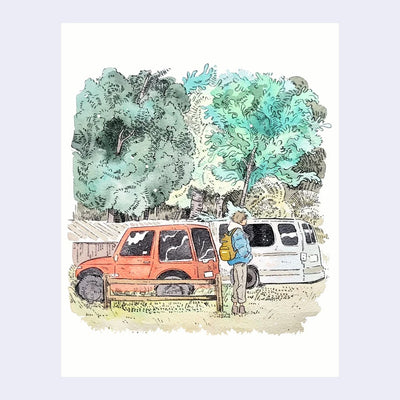 Illustration of a person with a backpack standing waiting, next to 2 parked cars in a forest like setting.