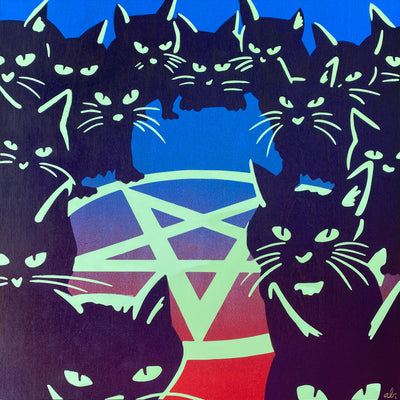 Painting of many black cats with glow in the dark ears, eyes and whiskers. They are all gathered around a hex circle, looking straight at the viewer. Background is blue to red ombre.