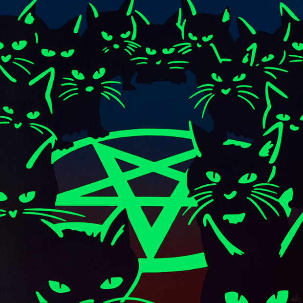 Painting of many black cats with glow in the dark ears, eyes and whiskers. They are all gathered around a hex circle, looking straight at the viewer. Piece is shown glowing in the dark.